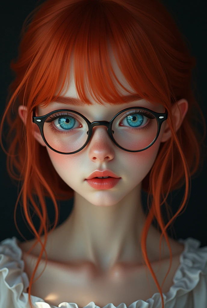 1 girl, wear glasses, star eye, blush, perfect lighting, Red hair, blue colored eyes, large hip, whole body, face detailed, bangss, shining skin, simple background, darkness background