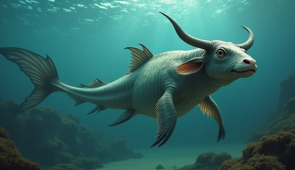 There is a creature growing underwater,It has the body of a fish, the head of a cow and the tail of a snake.,Wings growing from the ribs(best quality,4K,8k,High level,masterpiece:1.2),Ultra Detailed,(lifelike,Photo real,Photo real:1.37)