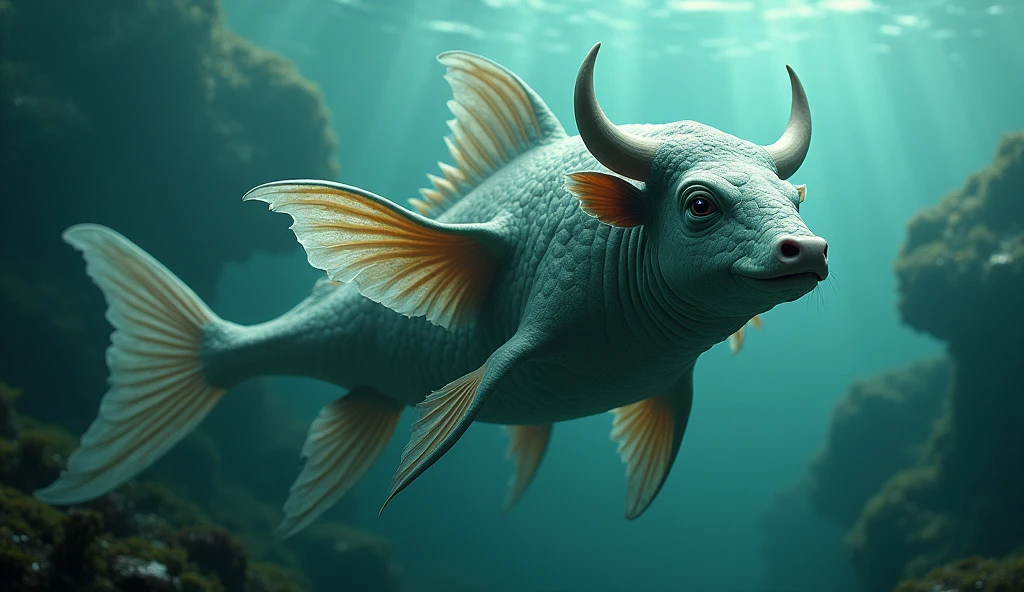 There is a creature growing underwater,It has the body of a fish, the head of a cow and the tail of a snake.,Wings growing from the ribs(best quality,4K,8k,High level,masterpiece:1.2),Ultra Detailed,(lifelike,Photo real,Photo real:1.37)