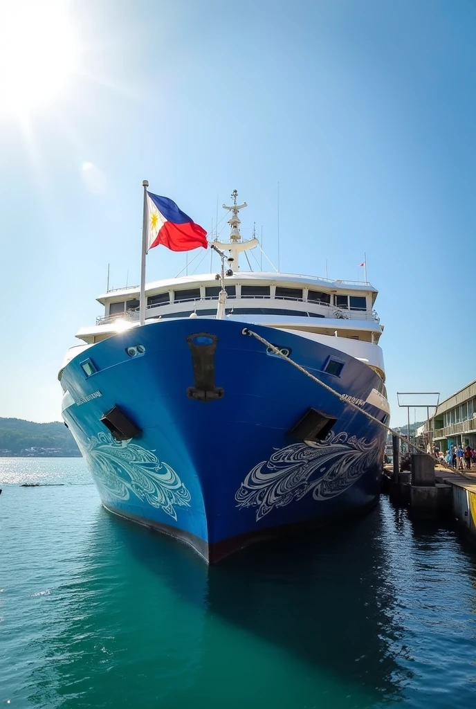 A Passenger Ferry named MV Princess of Philippines with a blue hull and a philippine flag at the back of the ship at Allan Port Samar at 2.00pm