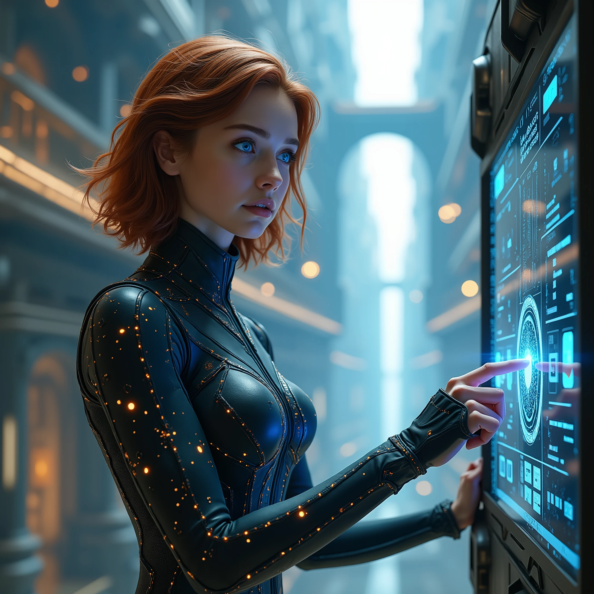 Visualize Emma as she approaches the core of the virtual city, where reality’s boundaries blur even further. Emma is depicted as a resilient young woman with shoulder-length, wavy auburn hair and vivid blue eyes, wearing a sleek, dark suit embedded with technology that glows with intricate patterns responding to environmental stimuli. Her expression mixes resolve and awe, reflecting her deepening engagement with the simulation.
In this pivotal scene, Emma stands at the threshold of a grand structure, the nexus of the city. This architectural marvel intertwines metallic frameworks with organic designs, symbolizing the fusion of technology and nature. It pulses with life, its surfaces shimmering with data streams, representing the simulation’s lifeblood.
Emma interacts with a sophisticated control panel, her actions synchronized with the building’s pulsating rhythms. As she inputs commands, the structure dynamically alters, revealing new pathways and previously concealed dimensions. This interaction signifies her growing mastery over the simulation’s parameters.
The atmosphere is charged with anticipation and tension, as revelations within the core are poised to unveil the true nature of her reality. The design emphasizes a seamless blend of futuristic and natural elements, deepening the narrative’s exploration of existential themes and mirroring Emma’s internal and external journeys.
Ensure Emma’s portrayal remains consistent, highlighting her evolution and the depth of her engagement with the virtual world. The visuals should reinforce the themes of identity and discovery, creating a cohesive narrative that aligns with Emma’s transformative journey. Maintain consistency in Emma’s appearance, emphasizing her blend of determination and curiosity. The image should be epic and immersive, with an emphasis on hyper-realistic details and the complexity of technological elements.