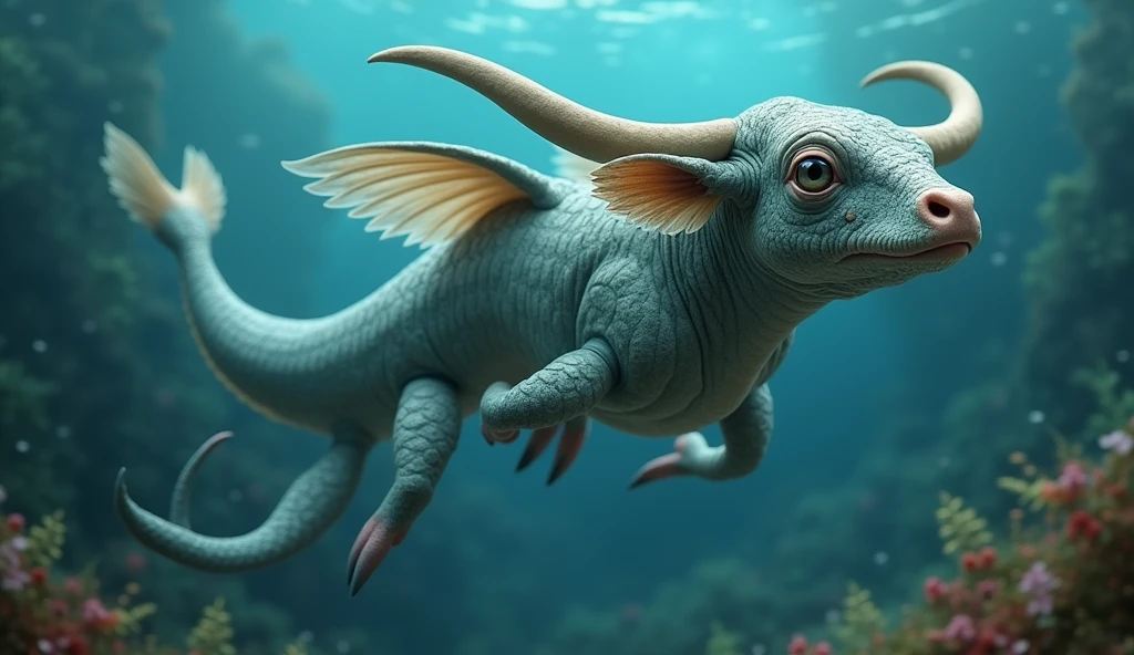 There is a creature growing underwater，It has the body of a fish, the head of a cow and the tail of a snake.，Wings growing from the ribs（best quality，4K，8k，High level，masterpiece：1.2），Ultra Detailed，（lifelike，Photo real，Photo real：1.37）