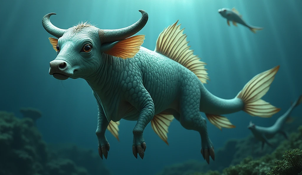 There is a creature growing underwater，It has the body of a fish, the head of a cow and the tail of a snake.，Wings growing from the ribs（best quality，4K，8k，High level，masterpiece：1.2），Ultra Detailed，（lifelike，Photo real，Photo real：1.37）