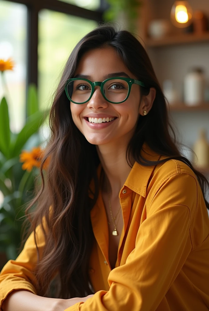 "A photorealistic portrait of a 20-year-old Indian woman with enchanting big brown eyes, dressed in a chic jam suit that complements her bright personality. She is seated in a cozy café, with green-framed glasses adding a touch of charm to her look. The image is high definition, showcasing her radiant smile, while soft natural light streams in through the café window, creating a warm and inviting atmosphere."

"A photorealistic portrait of a 20-year-old Indian girl with captivating big brown eyes, showcasing her unique style in a trendy jam suit. She poses in a lush garden filled with vibrant flowers, her green framed glasses accentuating her youthful features. The photograph is intricately detailed and high quality, capturing her joyful spirit as sunlight filters through the leaves, casting a gentle glow on her face."