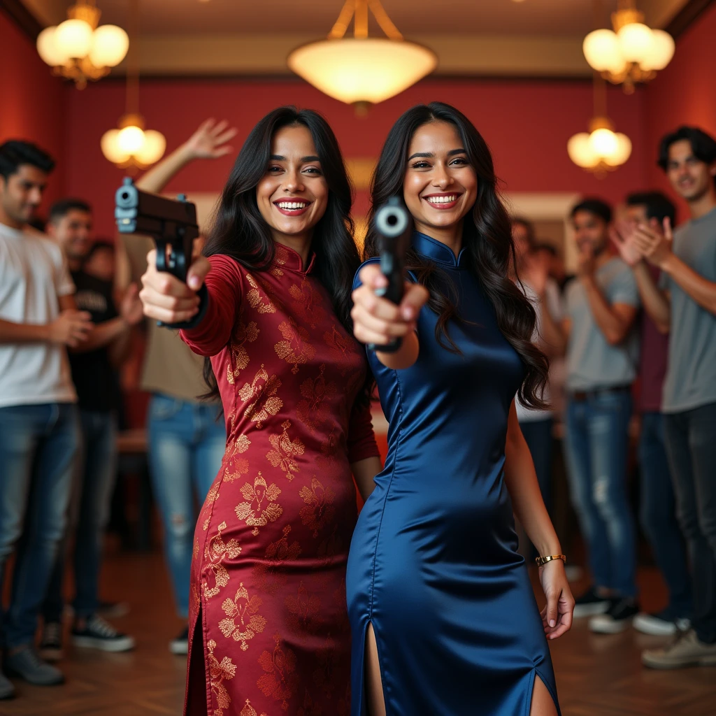 wide depth of field, wide depth of focus, f/11 lens setting, all objects in focus, full color image, 2 laughing Indian women , posing with pistol held strait up by face, looking at camera ,large fraternity house game room, full body image, (satin cheong sam dresses) (one red pattern, one royal blue pattern), women posing with a pistol held up by face, one girl makes peace sign with hand, long flowing hair (one raven haired, one brunette) , confidant smile, pure form, intricate details, 8K post-production, high resolution, super detailed, Popular topics on Artstation,, Studio photos, intricate details, Very detailed, she stands in the middle of the room and she is surrounded by a large (all male) group of cheering young men wearing jeans and t-shirts who are all standing in the background. One man raises an open hand high into the air