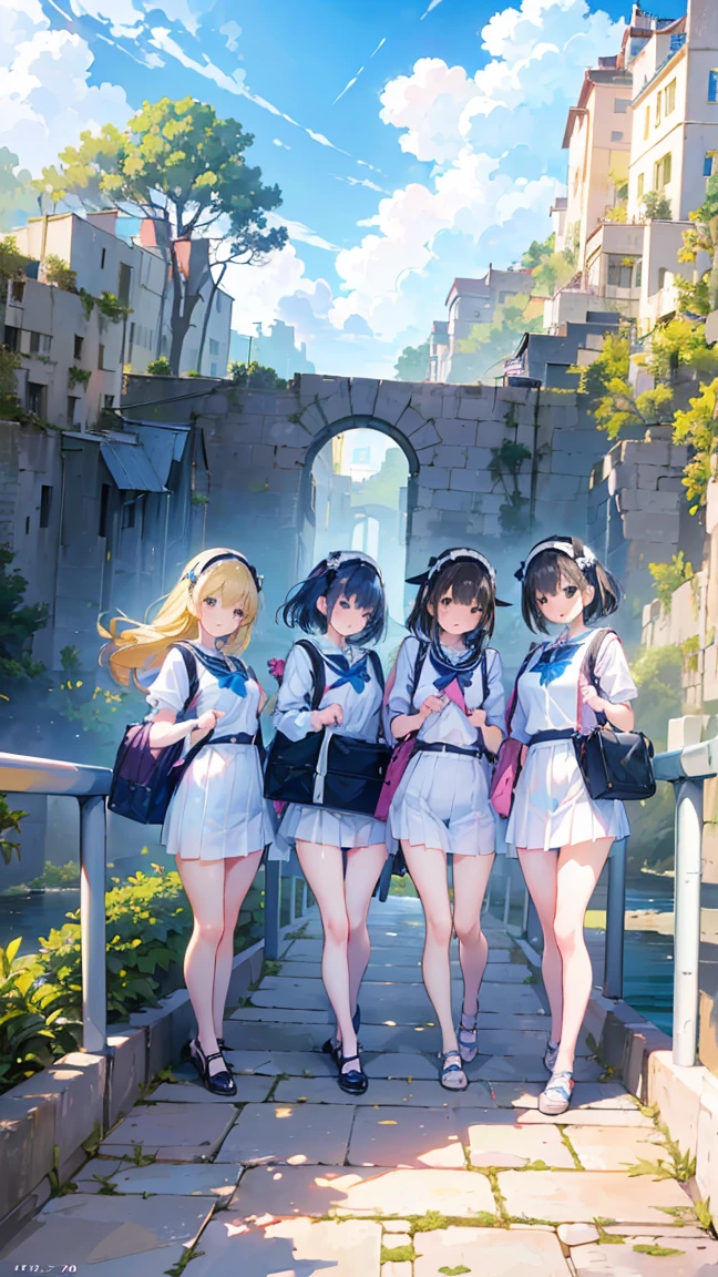 masterpiece, Highest quality, High resolution, Very detailed,(((Four Girls))), (((Multiple Girls))), (((smile)))、(((Standing in the distance))), (((Carry a school bag。))), (((Private Server))), (((blue sky))), (((handrail))), (((river)))