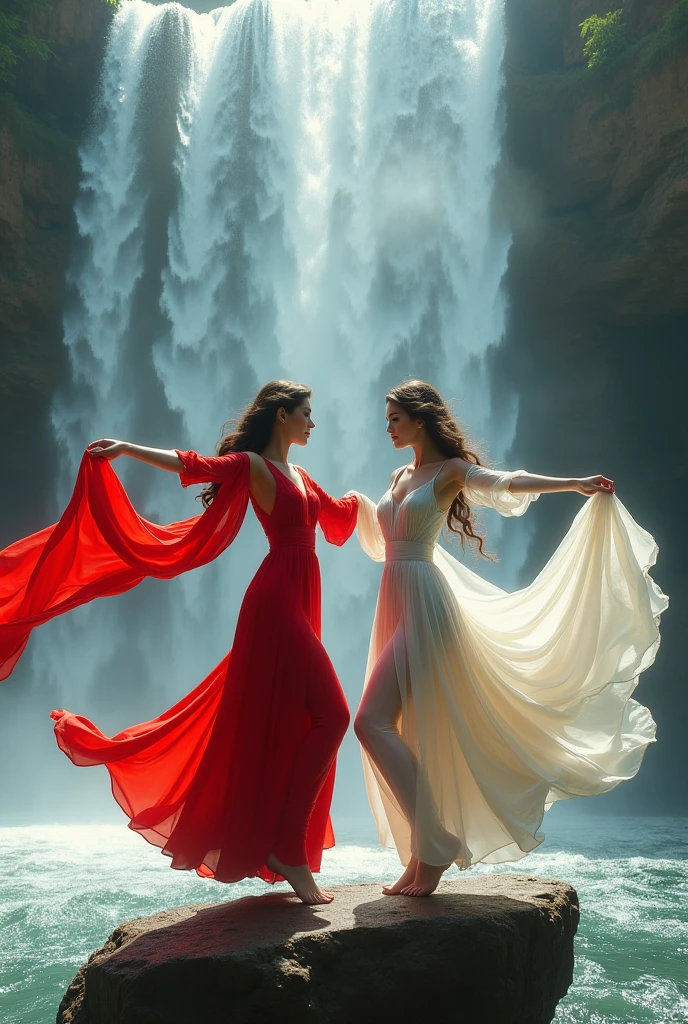 Photoshot 2 beautiful women wearing a red and white dress and wearing and on the shoulders there is a long cloth. Dancing on a big rock under a very beautiful waterfall. While holding a long and beautiful cloth