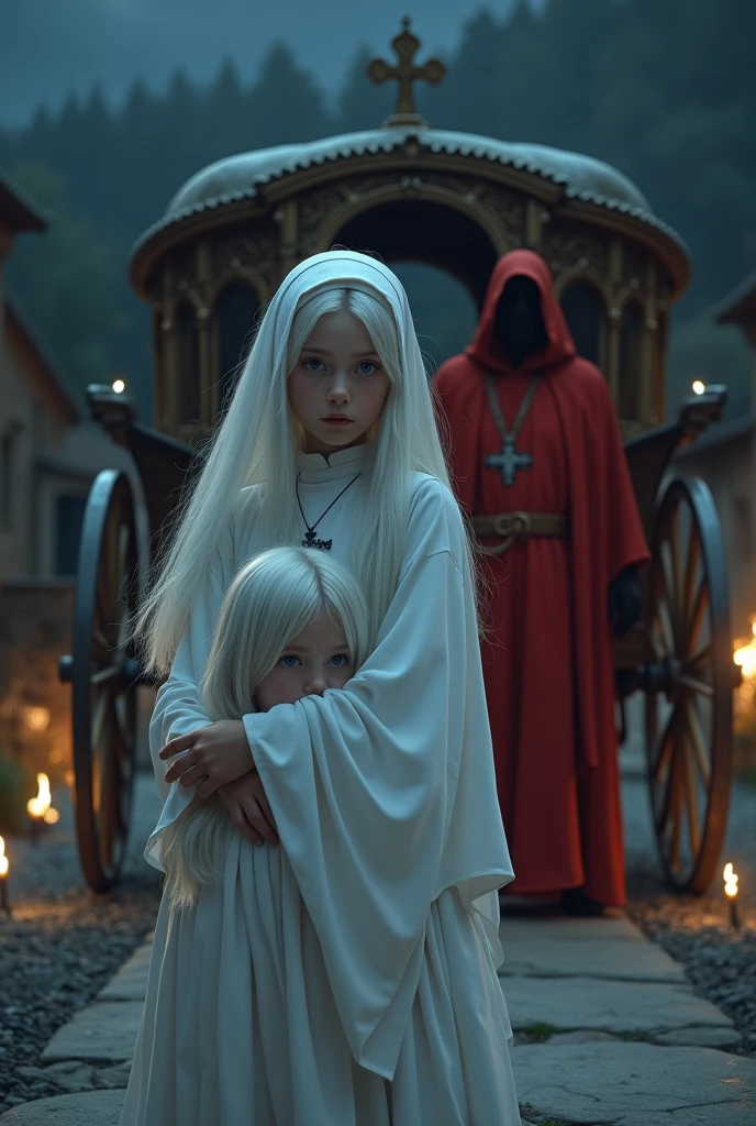 Young albino girl with long white hair, From the Middle Ages, realisitic, blue eyes white nun clothes, wearing a cross necklace, hugging a girl without showing her face, in front of a carriage in a Villa at night with torches, with a red bishop behind details.