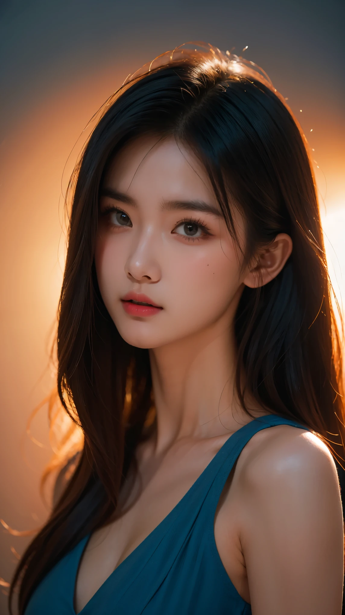 "Step into a world of vibrant colors and intricate details with this 16k masterpiece. The composition is carefully crafted, drawing your gaze to the age girl with black hair and innocent eyes. Against the dark backdrop, her energy shines in a brilliant blue hue, captivating your imagination."