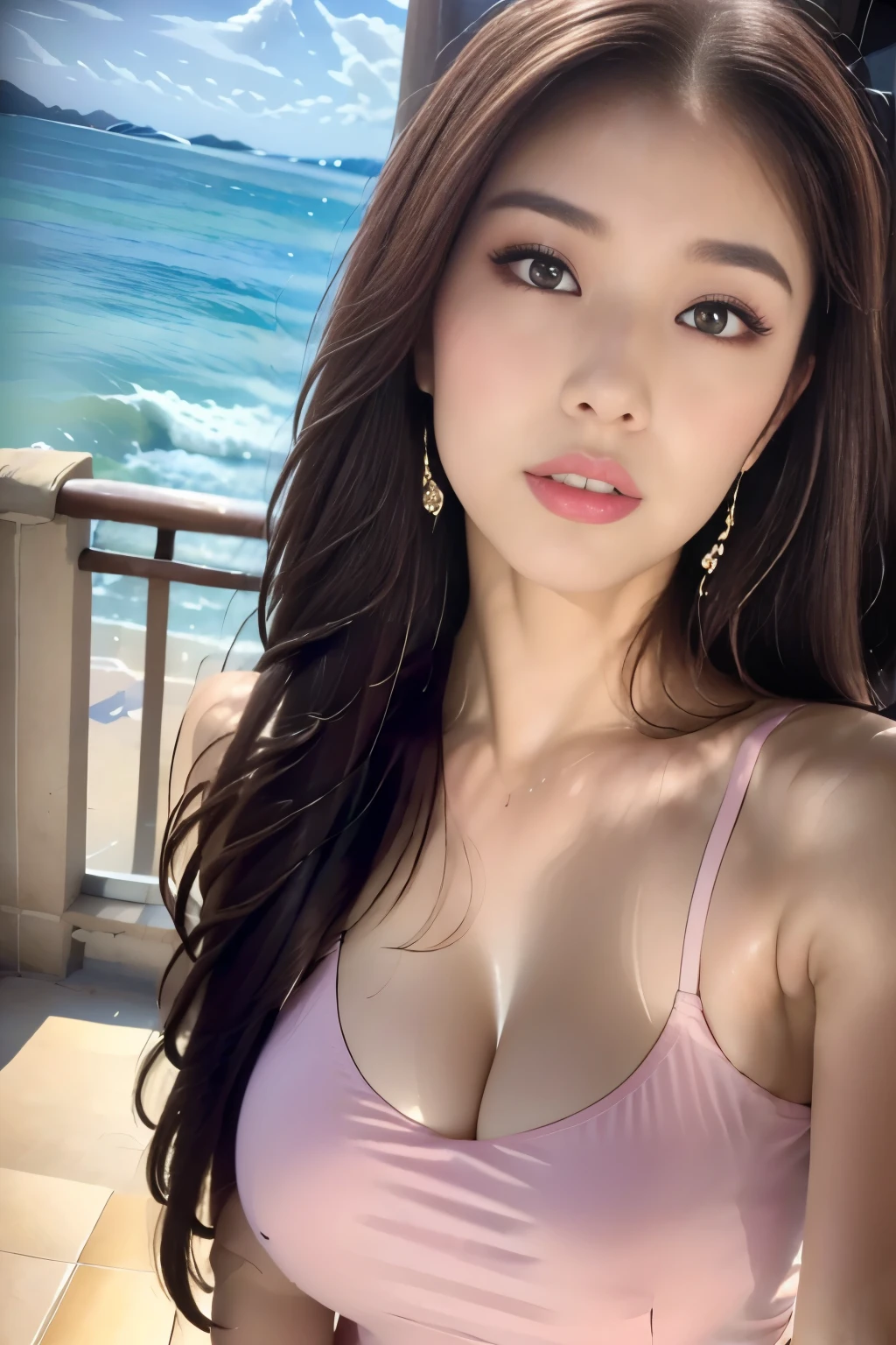 Highest quality, 8k, masterpiece :1.3,One Girl,Asking for a kiss,Pink blush:1.2,blush:1.2,Sexy pose,Red lipstick:1.2,Dark lipstick:1.2,Slim face, Beautiful woman, Big Breasts:1.3,double eyelid, Ocean,balcony, summer,Looking into the camera,Camisole dress long dress,masterpiece: 1.3,Maximum resolution: 1.4, Cinematic Light, Detailed eyes and skin, (Detailed facial features), 8k解像度, Perfect Style, Beautiful expression,Highly detailed face and skin texture,Pale Cheeks,Pure white skin:1.5,Glossy Lips:1.2,((Very intimate distance:1.2)),Straight Long Hairstyles,Light brown hair,175cm,