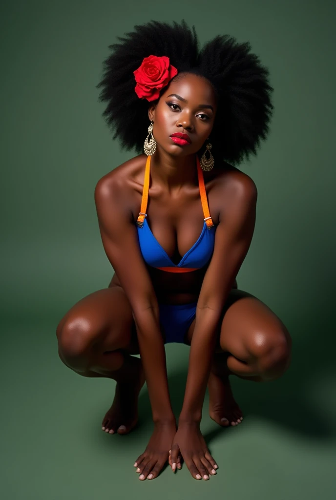 Portrait-style image featuring a woman with dark skin and an athletic build, posing against a muted green background. She has a striking afro hairstyle adorned with vibrant red flowers. Her facial features include high cheekbones, full lips painted in a bold red lipstick, and she is wearing large, ornate earrings. She is dressed in a blue  top with orange straps and matching bottoms. The image captures her in a squatting position, with her hands resting on her knees and her gaze directed t