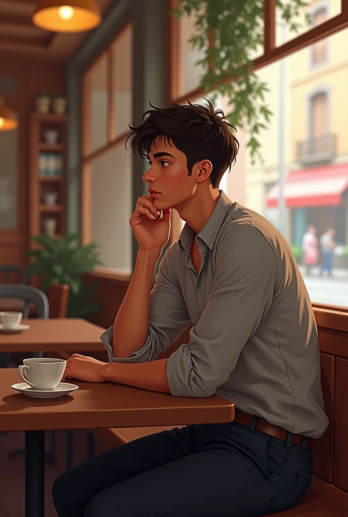 a young man think deeply in the cafe