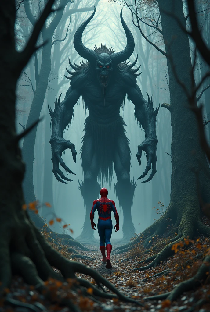 A baby spiderman running infront of the demon inthe big forest..