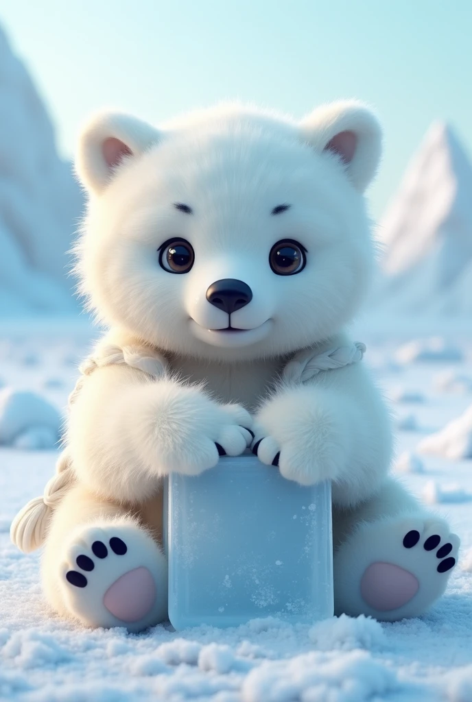 White bear, Beautiful fair skin, white fur, The body is white, Long, densely braided hair, At the North Pole, ultra realistic, realism, cute, charming, Daytime, Clean body, Medium height, Big eyes,Until fluffy, Ambient lighting, perfect anatomy, body and face in detail, Sitting hugging an ice cube