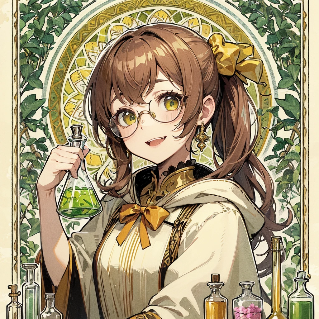 absurdres, best quality, fine detailed, 8k, 1girl, Brown hair, green eyes, ponytail, white gothic fantasy robe, yellow ribbon, smile, ribbon hair ornament, glasses, earrings, hood, yellow collar, beaker, flask, laboratory equipment, Mucha style frame background, arabesque pattern, plants