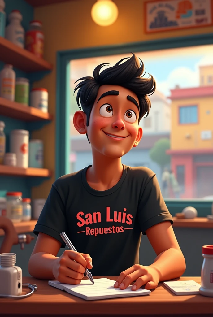 Pixar style poster of a 2 young man, his skin color is brown, he has a mole on the tip of his nose, he owns a San Luis spare parts store, he has a t-shirt with the name San Luis Repuestos, black in color, his hair is dark and short, in the image he is seen writing down orders and smiling