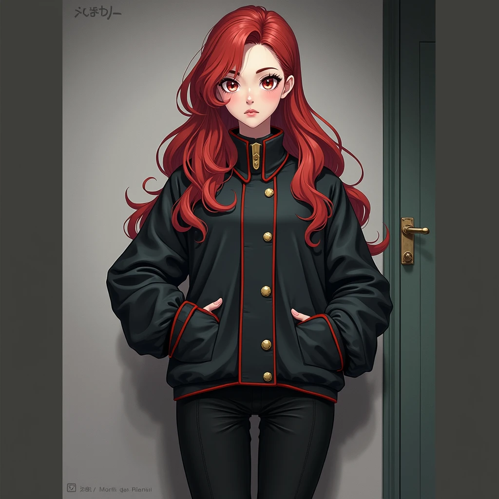 Make me an anime red head with Very Long wavy Hair, she is wearing a modest military outfit, vtuber reference sheet, back and front view