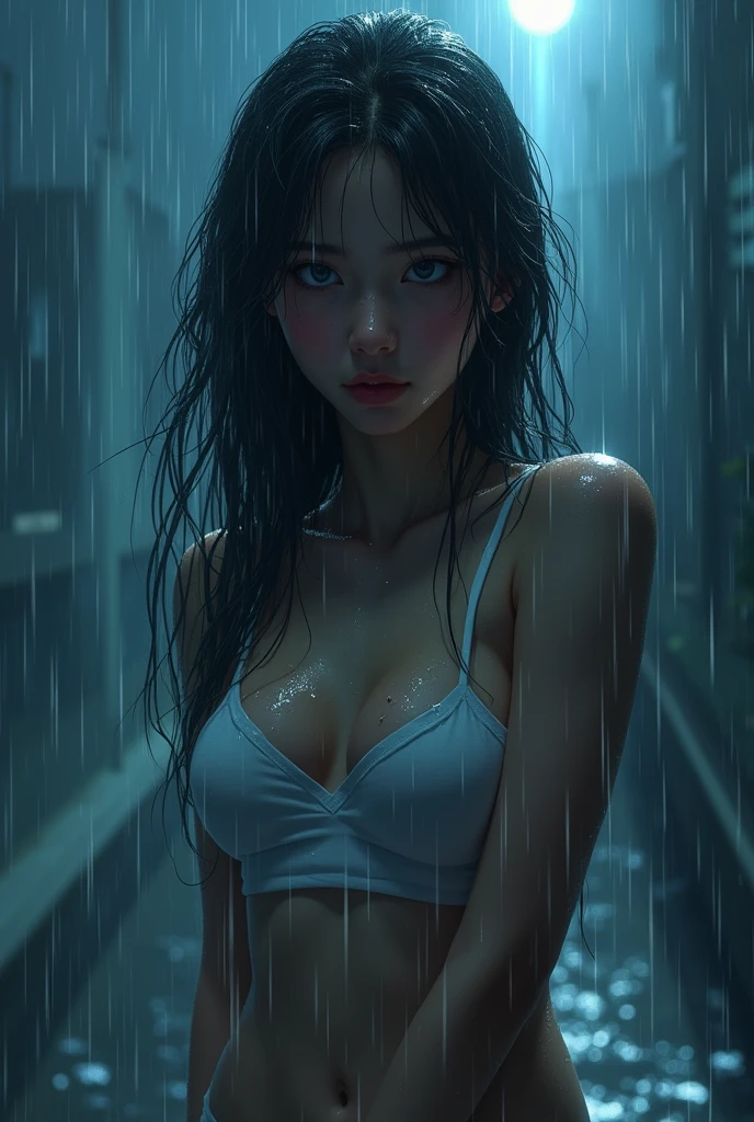 (RAW shooting, Photoreal:1.5, 8k, highest quality, masterpiece, ultra high resolution), perfect dynamic composition:1.2, night, look up at the sky:1.3, (((Typhoon heavy rain))), Highly detailed skin and facial textures:1.2, Slim high school girl wet in the rain:1.3, sexy beauty:1.2, perfect style, beautiful and aesthetic, Fair skin, very beautiful face, (rain drips all over my body:1.2, wet hair:1.2, wet clothes:1.2), water droplets on the skin, Medium chest, Chest gap, (embarrassing smile, The expression on your face when you feel intense caress, Facial expression when feeling pleasure)), (beautiful blue eyes, Eyes that feel beautiful eros:0.8), (Too erotic:0.9, Bewitching:0.9), full body shot, perfect limbs, perfect fingers