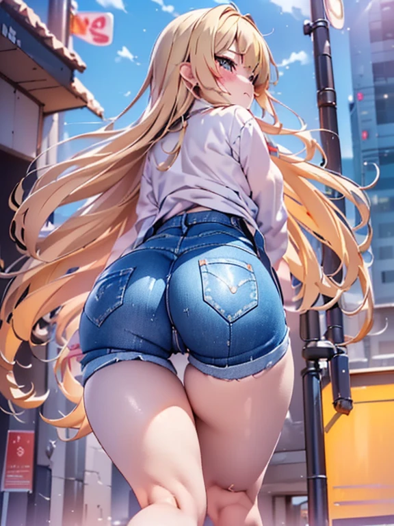 (masterpiece、highest quality、High resolution、realistic pictures、real looking skin:1.1)、(The buttocks are not big:1.8)、 (He is wearing a tight-fitting white T-shirt.:1.5)、(Wearing tight long denim jeans that fit perfectly:1.5)、(wearing high heels:1.5)、(She is facing her back because she is showing her butt, but her face is facing me.:1.5)、 1 Japanese girl、solo、beautiful eyes、shining eyes、provocative look、blonde、medium long hair、university student、The location is downtown、 (The beauty of her legs and buttocks stands out:1.5)、(with the whole body:1.6)、NSFW