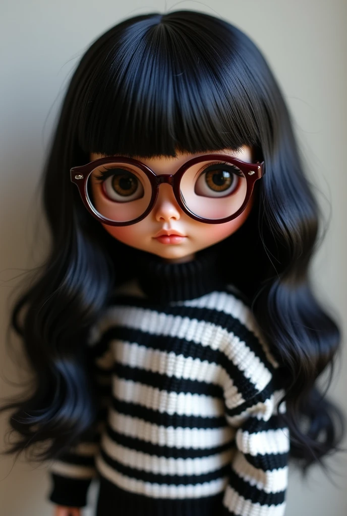 blythe doll , long wavy black hair, hair without bangs or fringe, with maroon-colored glasses , light brown skin , black and white striped sweater