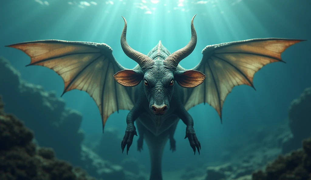 Front view,There is a creature growing underwater,It has the body of a fish, the head of a cow and the tail of a snake.,Wings growing from the ribs(best quality,4K,8k,High level,masterpiece:1.2),Ultra Detailed,(lifelike,Photo real,Photo real:1.37)