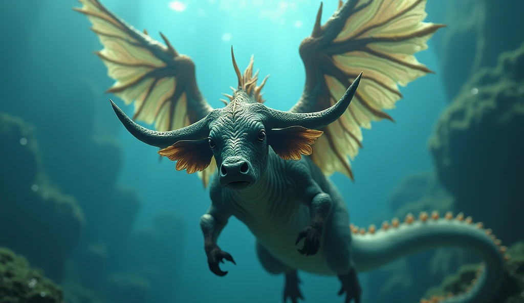 Front view,There is a creature growing underwater,It has the body of a fish, the head of a cow and the tail of a snake.,Wings growing from the ribs(best quality,4K,8k,High level,masterpiece:1.2),Ultra Detailed,(lifelike,Photo real,Photo real:1.37)