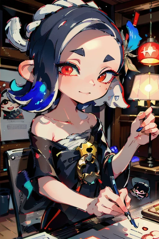 (masterpiece:1.2), best quality, high resolution, unity 8k wallpaper, (illustration:0.8), (beautiful detailed eyes:1.6), extremely detailed face, perfect lighting, extremely detailed CG,
 splatoon, (shiver:1.2),(red eyes:1.2),chibi
night,indoor light,indoor,(「I will pause」I have a piece of paper that says:1)