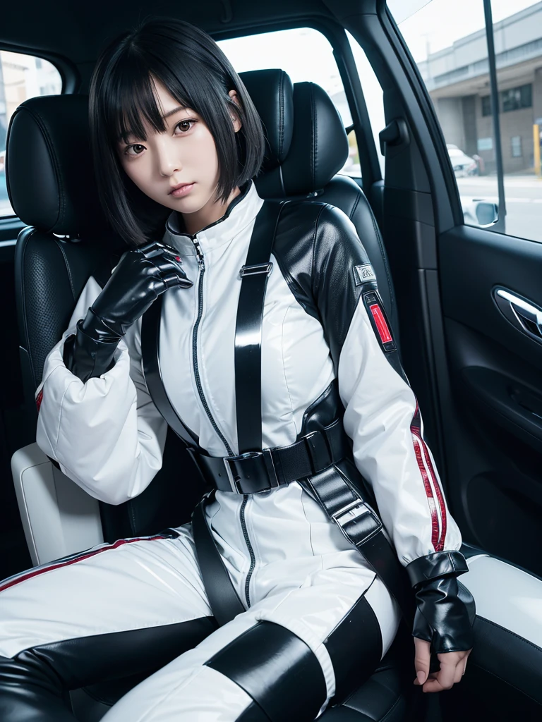 Japanese female android,Black Hair,capsule,The person is completely secured in the seat with the backrest reclined by a thick harness belt.,Plump,Spread your legs,Squat,Shiny white robot suit,Surrounded by switches and monitors,