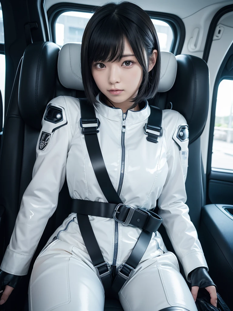 Japanese female android,Black Hair,capsule,The person is completely secured in the seat with the backrest reclined by a thick harness belt.,Plump,Spread your legs,Squat,Shiny white robot suit,Surrounded by switches and monitors,