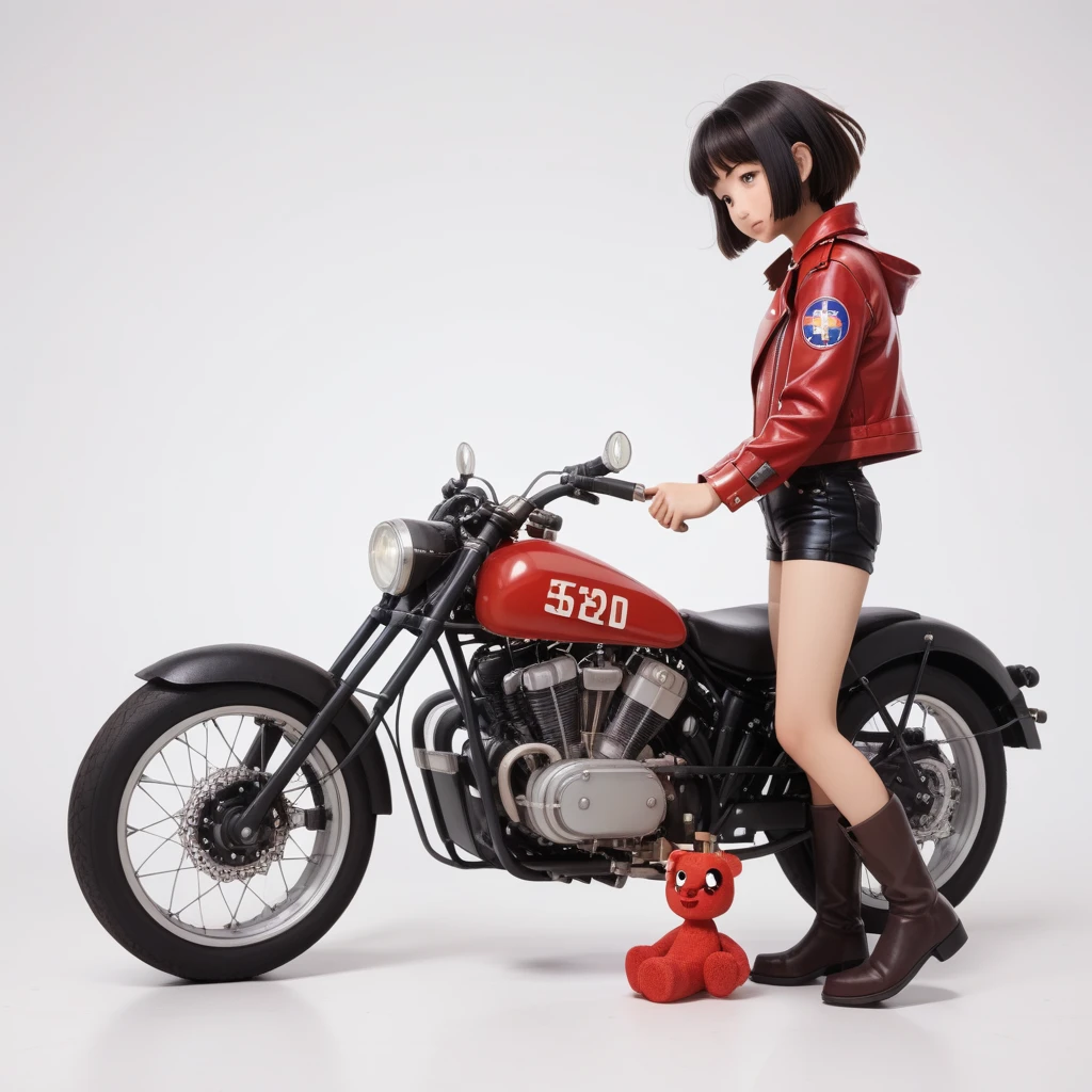 (磁器people形:1.2)、(陶磁器people形:1.2)、(Ride a classic motorcycle:1.2 )、(Vintage Bikes、Bluff Superior SS100)、美しい若い日本people女性、Beautiful Face, Black Hair, Short Bob Hair, Red classic leather jacket、leather shorts、boots、goggles、Take a photo of the entire bike、(people々々And the size balance of the motorcycle is our number one priority.:1.2)、Blur the background、((No background))、((White Background))、((Plain background))、((No logo))、(Highest quality、High resolution、masterpiece)、(3d)、4K、8k、wallpaper、