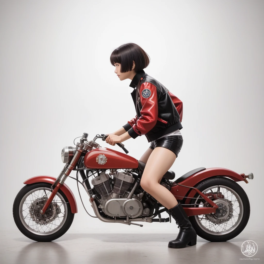 (磁器people形:1.2)、(陶磁器people形:1.2)、(Ride a classic motorcycle:1.2 )、(Vintage Bikes、Bluff Superior SS100)、美しい若い日本people女性、Beautiful Face, Black Hair, Short Bob Hair, Red classic leather jacket、leather shorts、boots、goggles、Take a photo of the entire bike、(people々々And the size balance of the motorcycle is our number one priority.:1.2)、Blur the background、((No background))、((White Background))、((Plain background))、((No logo))、(Highest quality、High resolution、masterpiece)、(3d)、4K、8k、wallpaper、