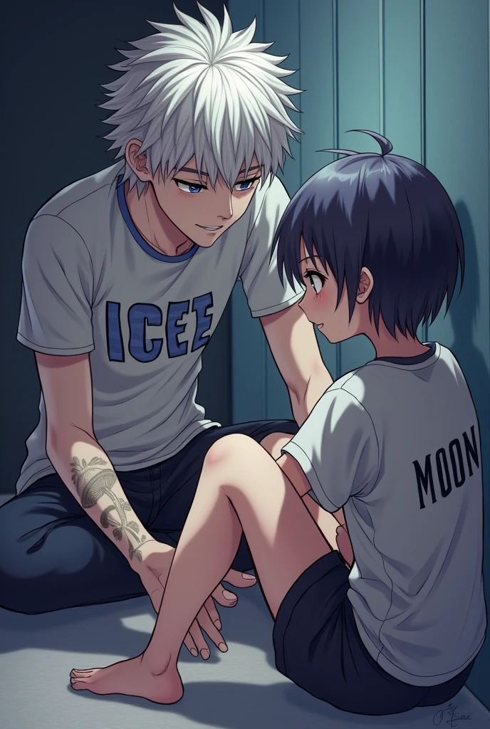 create 3 characters, 1 sitting on the floor and the other 2 looking at him, the one sitting on the floor has a shirt with the name ICE on it and one of the characters looking at him is a white-haired man, handsome and has a shirt with the name moon, the other character has a shirt with the name lotus and has a mushroom tattoo, make in anime lines