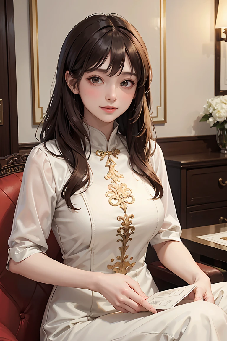 Admission to luxury hotels(in house), 1 Lady Solo /(Brown medium hair/) bangs, White Chinese Dress, A gentle blushing smile, (Masterpiece Top quality:1.3) Delicate illustrations、High resolution、Super Detail、Perfect Face、Beautiful Skin、big