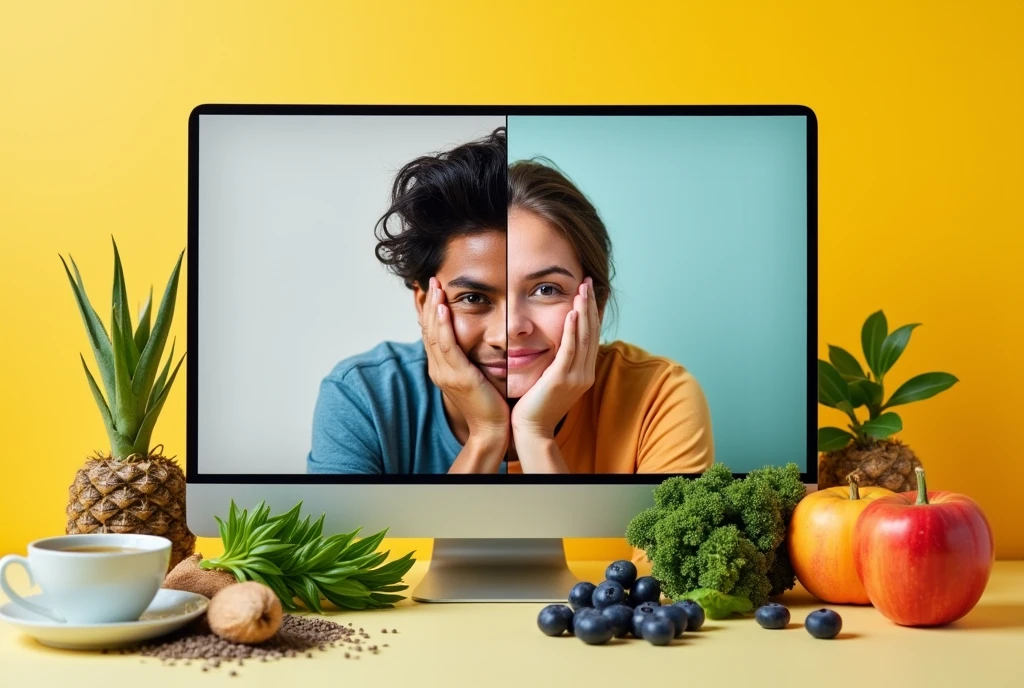Create an eye-catching thumbnail for an article titled 'How to Boost Your Body’s Energy.' The thumbnail should feature a split image: on one side, a person appearing tired and exhausted, and on the other side, the same person looking refreshed and full of energy. Include visual elements like chia seeds, green tea, and blueberries to represent superfoods. Use bold, vibrant text that reads: 'जाने आप जल्दी क्यों थक जाते हैं?' and underneath in smaller text, 'अपनी ऊर्जा बढ़ाने के आसान तरीके।' The colors should be bright and contrasting to make it highly clickable."