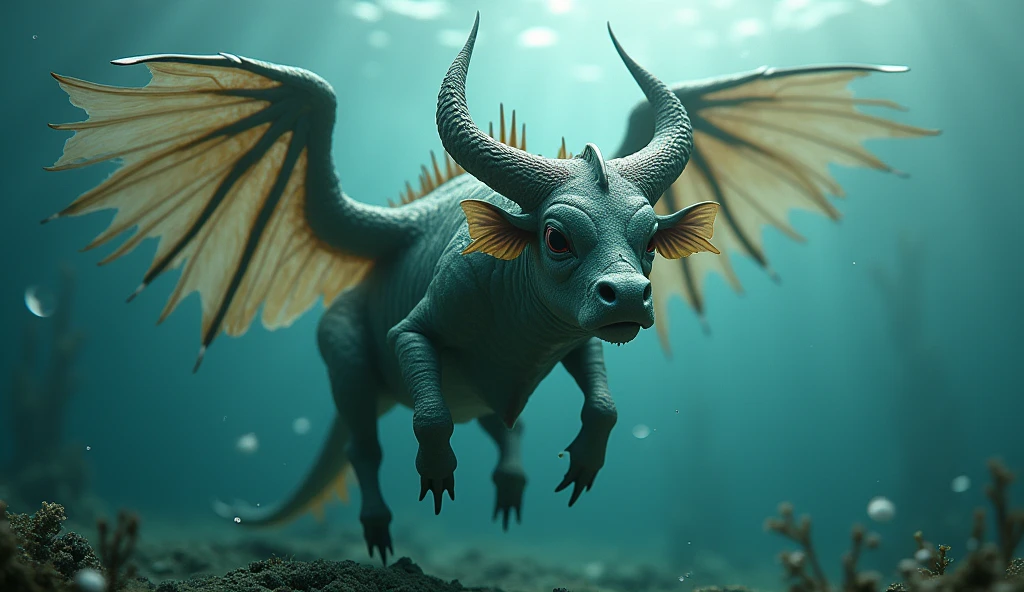 Front view,There is a creature growing underwater,It has the body of a fish, the head of a cow and the tail of a snake.,Wings growing from the ribs(best quality,4K,8k,High level,masterpiece:1.2),Ultra Detailed,(lifelike,Photo real,Photo real:1.37)