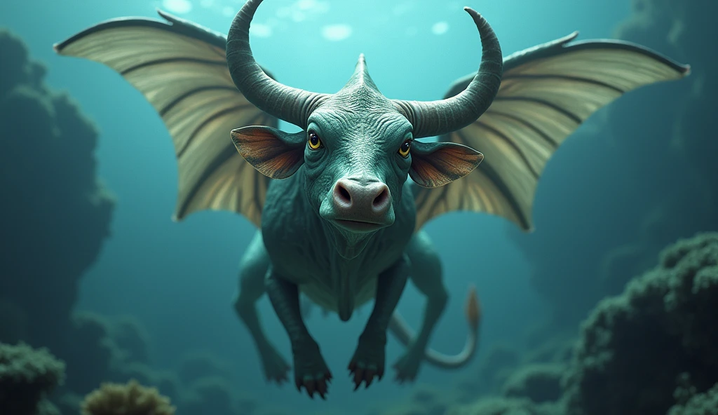 Front view,There is a creature growing underwater,It has the body of a fish, the head of a cow and the tail of a snake.,Wings growing from the ribs(best quality,4K,8k,High level,masterpiece:1.2),Ultra Detailed,(lifelike,Photo real,Photo real:1.37)