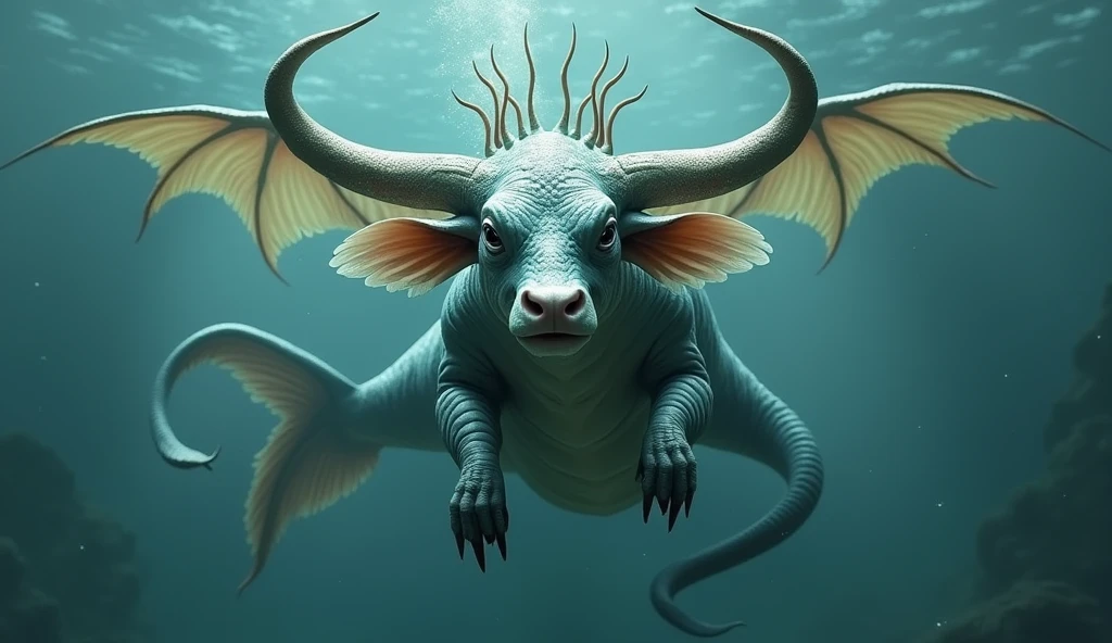 Front view，There is a creature growing underwater，It has the body of a fish, the head of a cow and the tail of a snake.，Wings growing from the ribs（best quality，4K，8k，High level，masterpiece：1.2），Ultra Detailed，（lifelike，Photo real，Photo real：1.37）