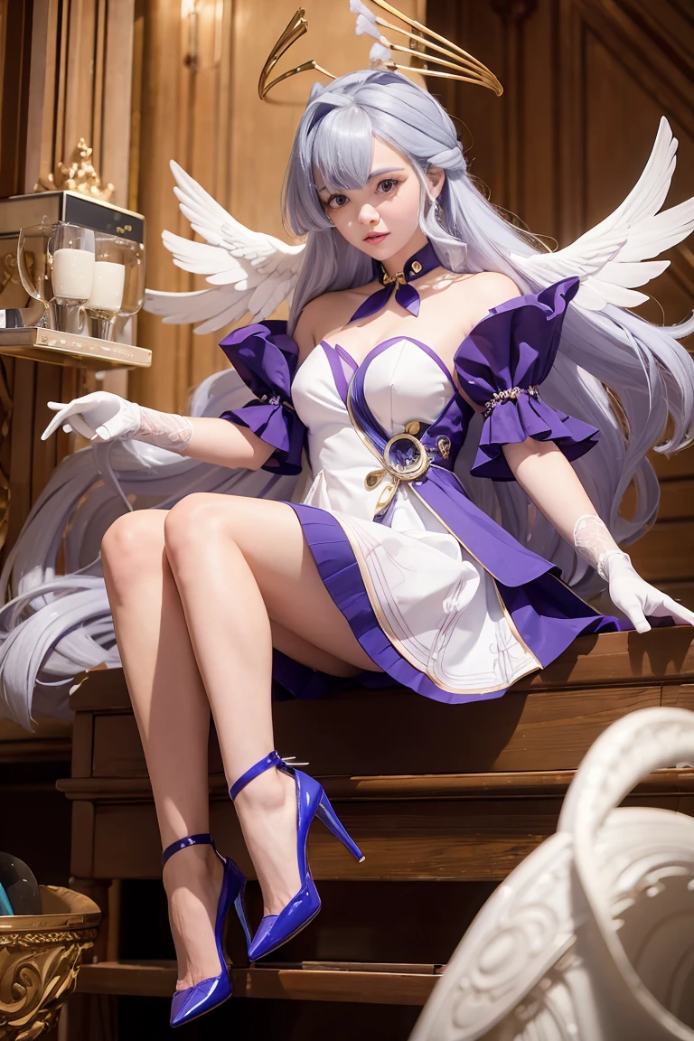 One girl, Robin, Hello, Wings on the head, White gloves, Pearl Bracelet, High heels
