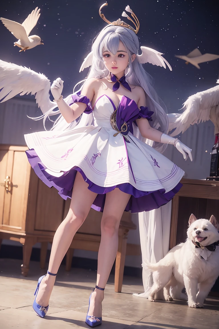 One girl, Robin, Hello, Wings on the head, White gloves, Pearl Bracelet, High heels