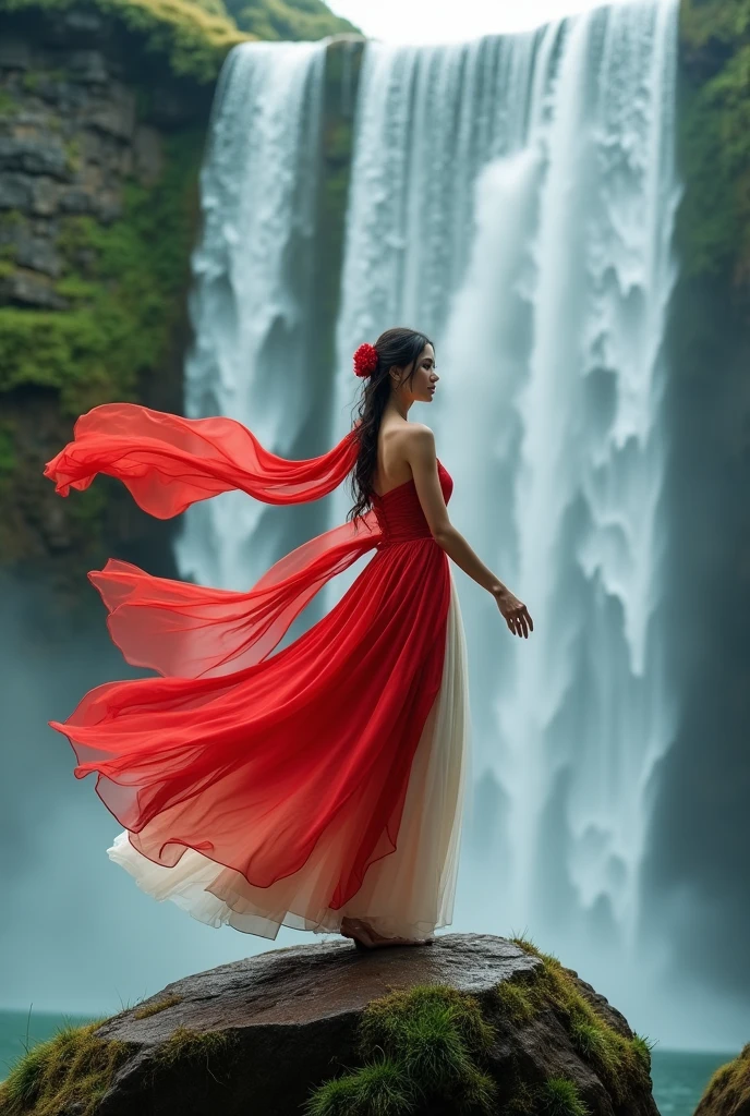 Photoshot of a beautiful  wearing a red and white dress and wearing a long cloth on her shoulders.  Dancing on a big rock under a very beautiful waterfall.   While holding a long and beautiful cloth