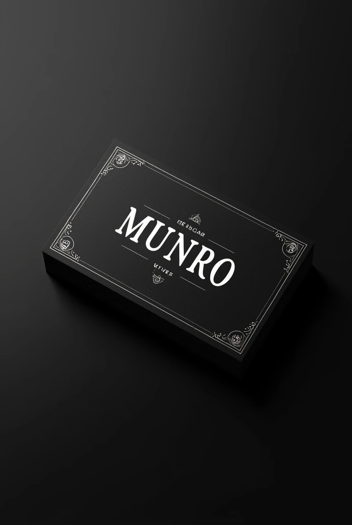 I want a magician's business card. front view. On a black background that says "munro" with old letters, elegant, minimalist and white. With a simple line around the edges and a minimalist design in each corner. All those different designs. One concerning the letters. Another reference to a physical formula. The third corner should have a design referring to a bicycle wheel and the last corner should have a design referring to music.. All these designs must be minimalist and harmonious..