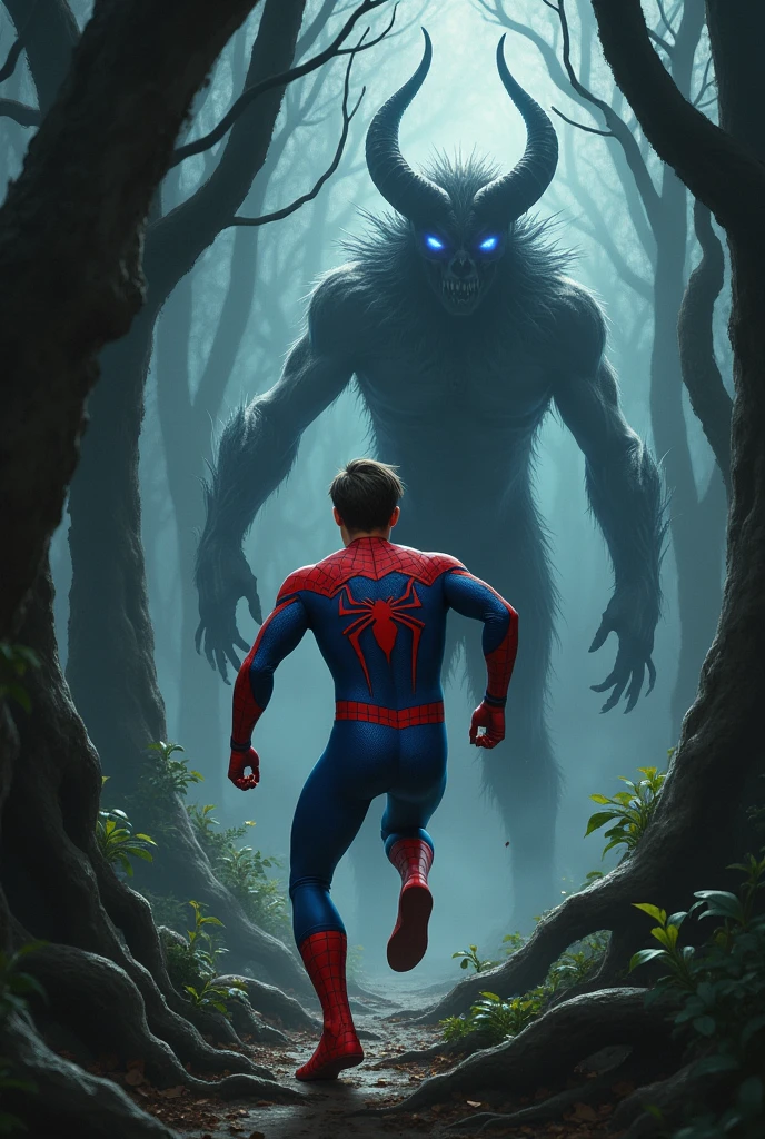A baby spiderman running infront of the demon inthe big forest..
