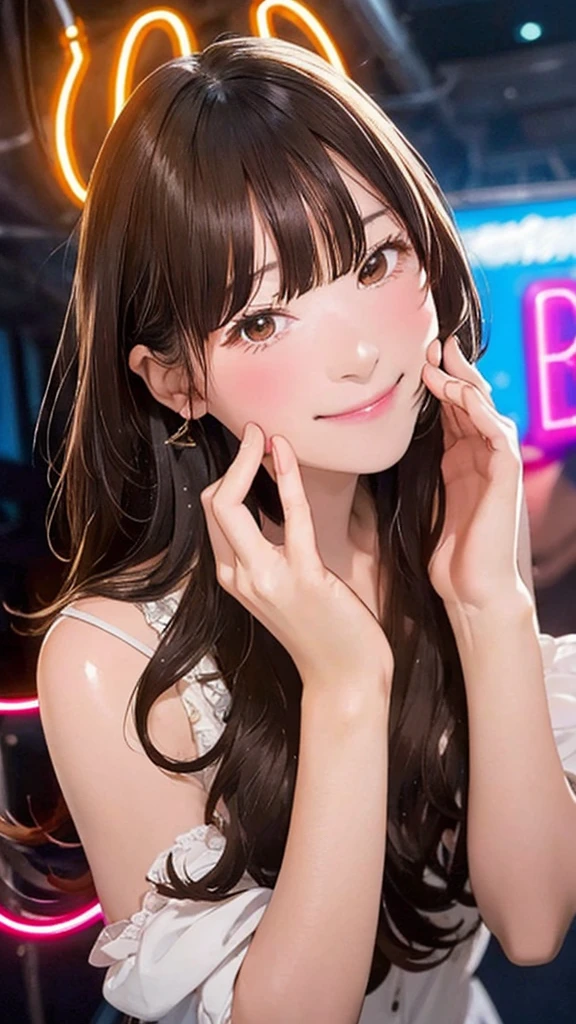 （One girl, High resolution, Long Hair, bangs, Brown Hair, smile, とてもLong Hair, accessories, Anatomically correct, Highest quality, masterpiece, accurate, Sexy Lingerie、Big Breasts、Glossy lips、Oily skin、Perfect body、Perfect hands、Perfect Face、Background with neon lights）