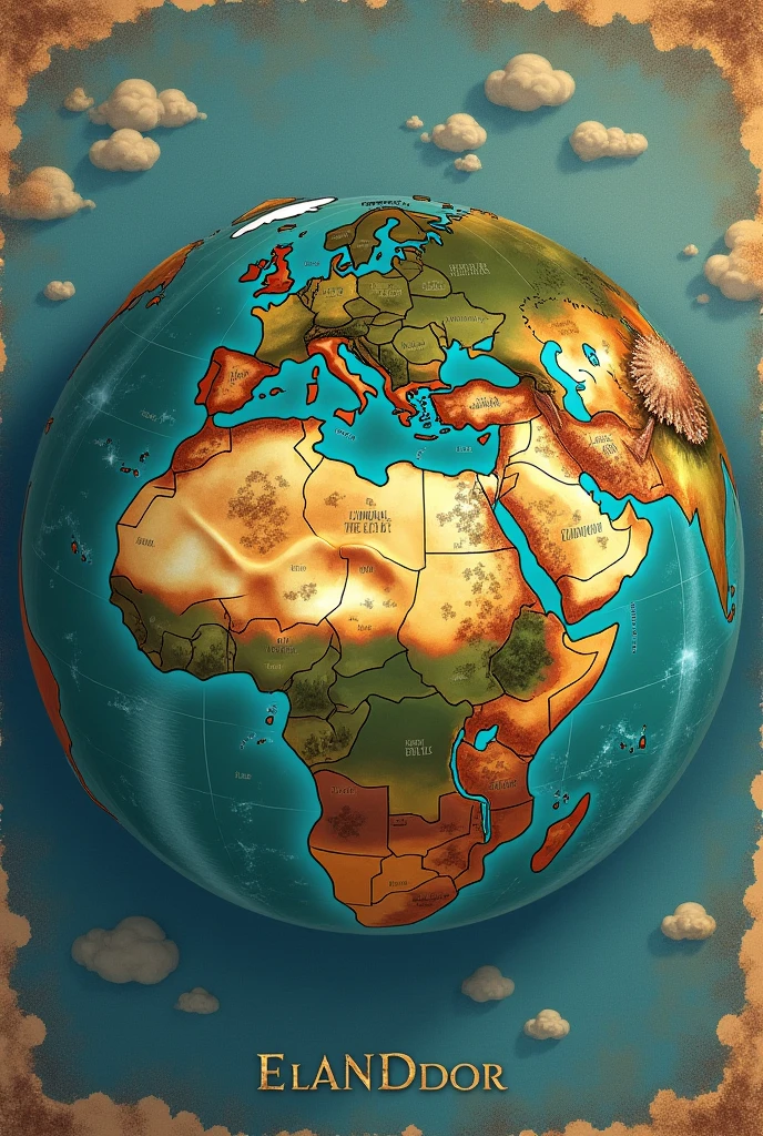 ### **Descripción del Mapa de Elandndor:**
1. **General Shape of the Planet:**
- **Spherical shape:** Representa un planeta redondeado with detalles geográficos visibles.
2. **continents:**
- **Continent of Lumara:**
- Located in the Western Hemisphere.
- Prominent mountains like the **Montañas de Vandlorin** To the north.
- Grandes ríos que fluanden hacia el sur, like the **rivers de Elara**.
- Extensive **Eldoria Forests** To the center.
- **Continent of Eilara:**
- Located in the eastern hemisphere.
- Wide **Eilara Plains** In the middle.
- **Deserts of the West** in the western region.
- **Eastern Forests** in the eastern region.
- **Continent of Drakonia:**
- In the southern hemisphere.
- **Montañas de Drawithia** To the center, with valles alrededor.
- **Valleys of Ignis** in the east.
- **Northern Plains** en el norte del withtinente.
3. **Reinos and Imperios:**
- **Empire of Lumara:** Dominante In the middle de **Lumara**.
- **Eilara Empire:** Spreading across the **Eilara Plains**.
- **Drakonia Empire:** Centrando el withtinente de **Drakonia**.
- **Kingdom of Arion:** In the central region of Lumara, near the **Arion Forests**.
- **Kingdom of Selarin:** In the **Forge Mountains** and **Mining Plains**.
- **Kingdom of Faeloria:** West in Lumara, near the **Faelorian Forests**.
- **Kingdom of Andaria:** South of Eilara, with **Night Lands**.
- **Kingdom of Veridia:** West of Eilara, with **Green Plains**.
- **Kingdom of Aradia:** Al is, near the **Deserts of Aradia**.
- **Kingdom of Iskandar:** In the south, surrounded by the **Iskandar Sea**.
- **Kingdom of Eldoria:** To the north, with **Eldoria Mountains**.
- **Reino de Nefaria:** In the northeast, with **Forests of Nefaria** and **Pantanos de Nefaria**.
4. **Additional Features:**
- **Océanos and Mares:** Rodean los withtinentes, like the **Iskandar Sea**.
- **river