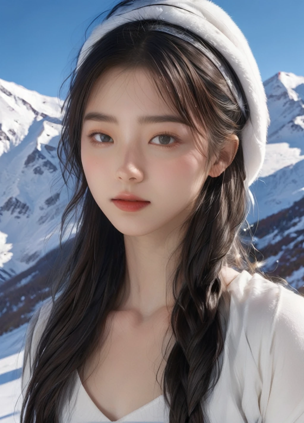 masterpiece,(best quality:1.3),ultra high res,raw photo,detailed skin,style: realistic pictures,
1girl,chilly nature documentary film photography,snow mountain environment,natural light,a clear face,minor acne,