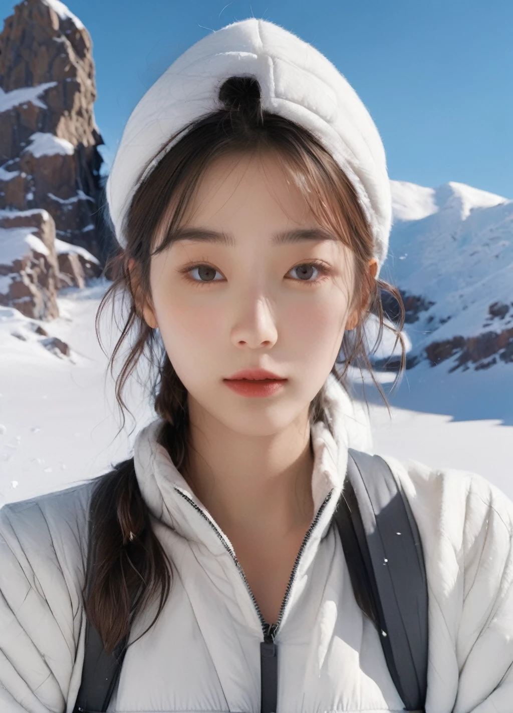 masterpiece,(best quality:1.3),ultra high res,raw photo,detailed skin,style: realistic pictures,
1girl,chilly nature documentary film photography,snow mountain environment,natural light,a clear face,minor acne,