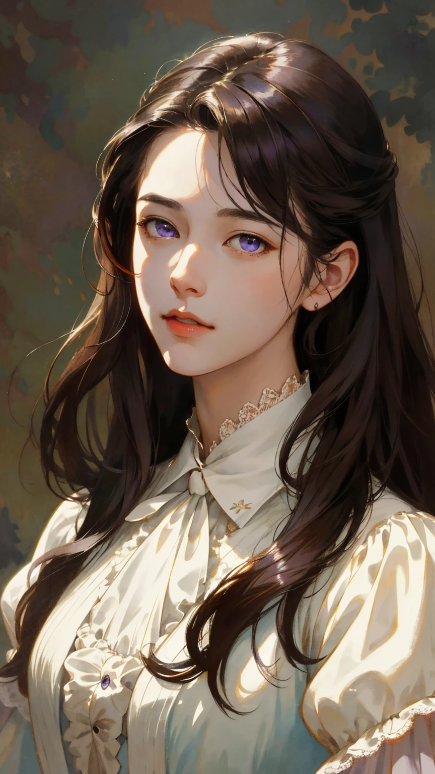 A super beautiful girl, long dark brown hair, Big violet eyes, Vintage 1800s clothing, vintage style, Low saturation colors, Mottled texture, Front perspective, Hyper-Resolution, accuracy, detail render, (Delicate facial portrayal), (Fine hair depiction), (highest quality), (Master masterpieces), (High degree of completion), (a sense of atmosphere), {(best quality, 8k, masterpiece, HDR, soft lighting, perfect image, digital illustration, manhwa art, hyper detailed image, perfect lines, realistic)}, (half-body portrait), (content expression), {(inside 1800s mansion background)}
