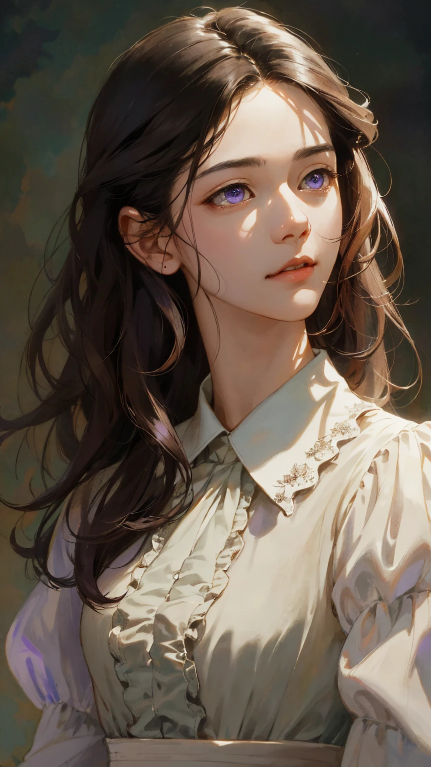 A super beautiful girl, long dark brown hair, Big violet eyes, Vintage 1800s clothing, vintage style, Low saturation colors, Mottled texture, Front perspective, Hyper-Resolution, accuracy, detail render, (Delicate facial portrayal), (Fine hair depiction), (highest  quality), (Master masterpieces), (High degree of completion), (a sense of atmosphere), {(best quality, 8k, masterpiece, HDR, soft lighting, perfect image, digital illustration, manhwa art, hyper detailed image, perfect lines, realistic)}, (half-body portrait), (content expression), {(inside 1800s mansion background)}