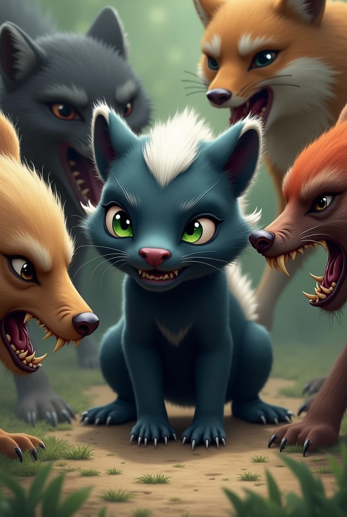 Some animals bullying a small, defenseless dark blue skunk with green eyes and an infinitely stronger smell than any skunk. 