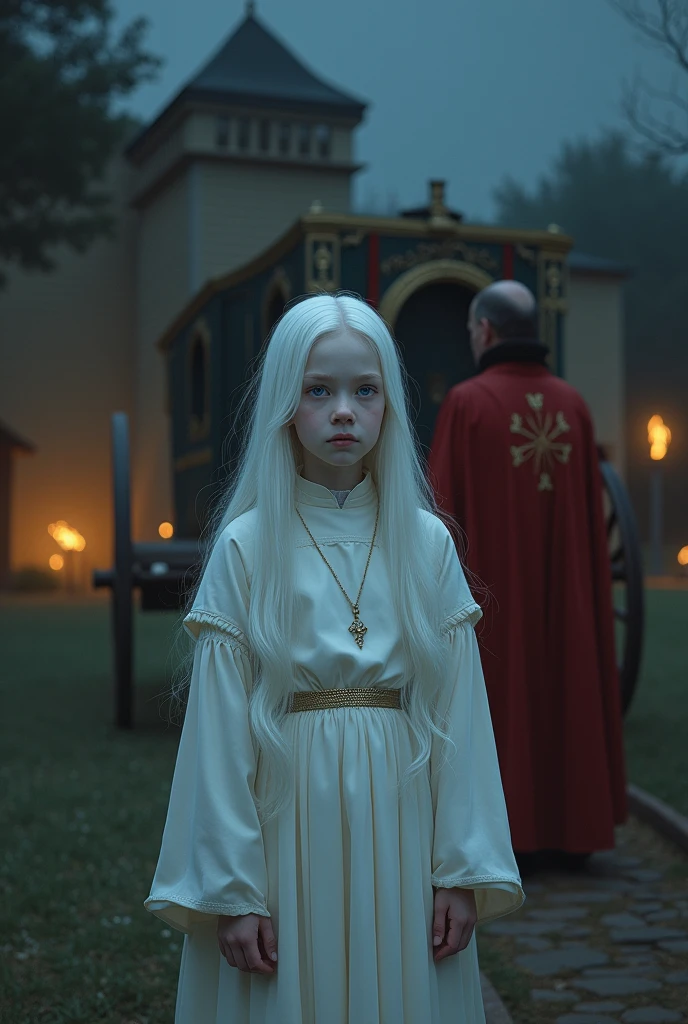 Young albino girl with long white hair, From the Middle Ages, realisitic, blue eyes white nun clothes, with a necklace, in front of a carriage in a Villa at night with torches, with a red bishop behind details.